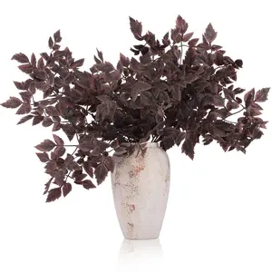 4 Pcs Artificial Cimicifuga Leaf Spray, 23 in Faux Burgundy Fall Greenery Branch with Long Stems for Vase, Farmhouse Thanksgiving Autumn Centerpiece Halloween Decor (4, Chocolate, 23 in)