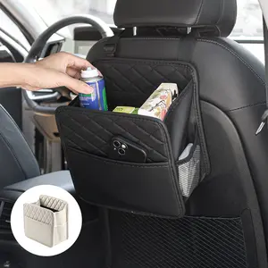 Car Seat Back Storage Bag With Side Grid PVC Leather Hanging Box Multifunctional Interior Supplies Trash Bag Pocket Universal