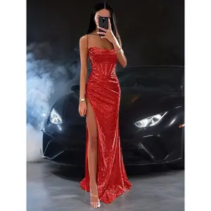 Sequin Backless Mermaid Prom Dress, Sexy High Slit Strapless Evening Gown, Elegant Spring Party Wear for Women, Formal Wear