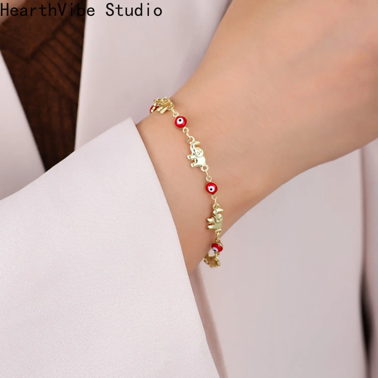 Boho Style Bracelet for Women with Gold Elephant-Evil Eye Charm, Dainty Good Luck Protection Wristband for Adults, Valentine's Gift, Female, Protection Charm, Good Luck Symbol, Dainty Sports Wristbands, Dainty Look