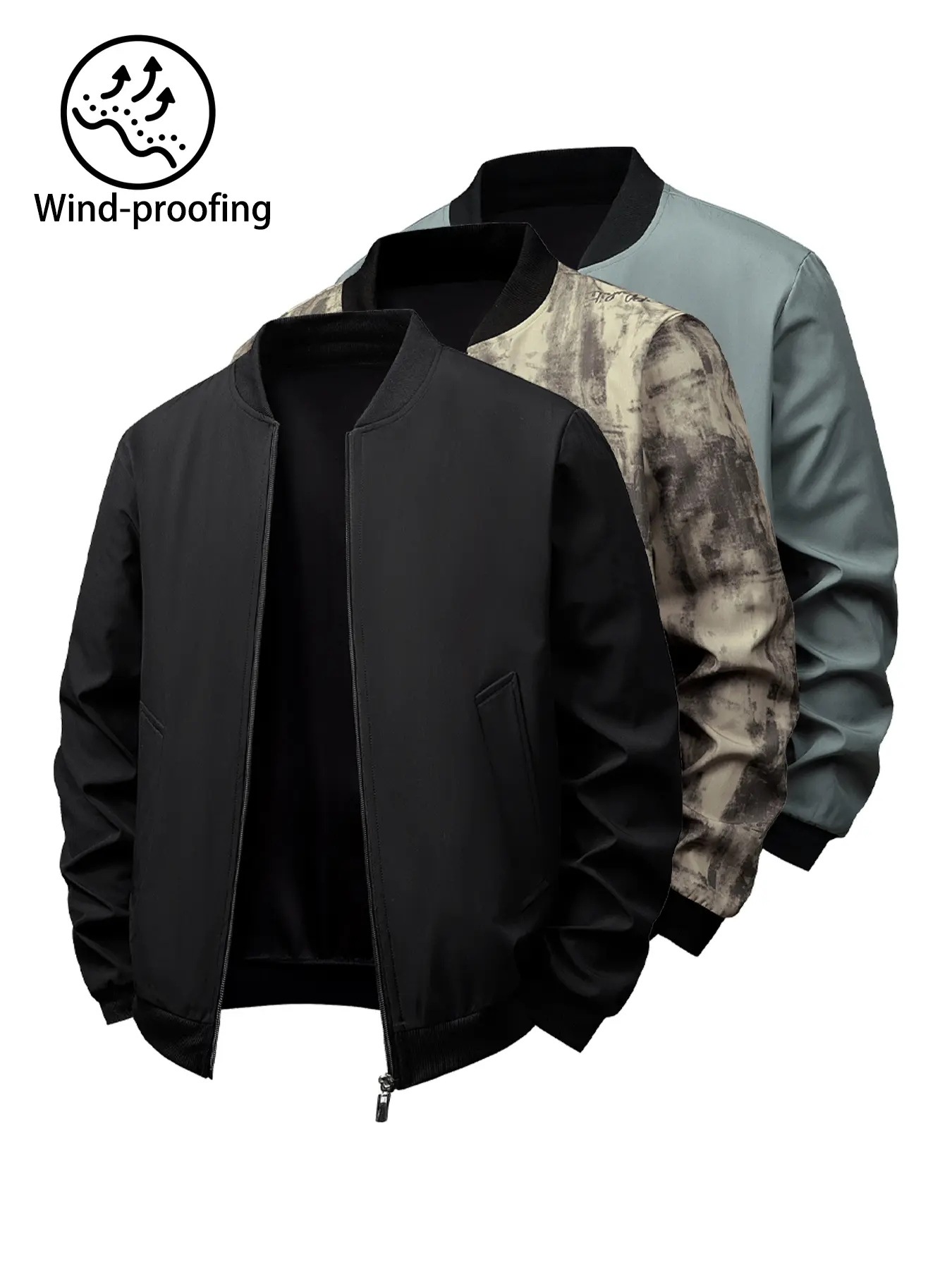Men's Windproof Bomber Jacket with Ribbed Baseball Collar, Full Zip and Side Pockets for Fall Spring Casual Streetwear and Daily Layering