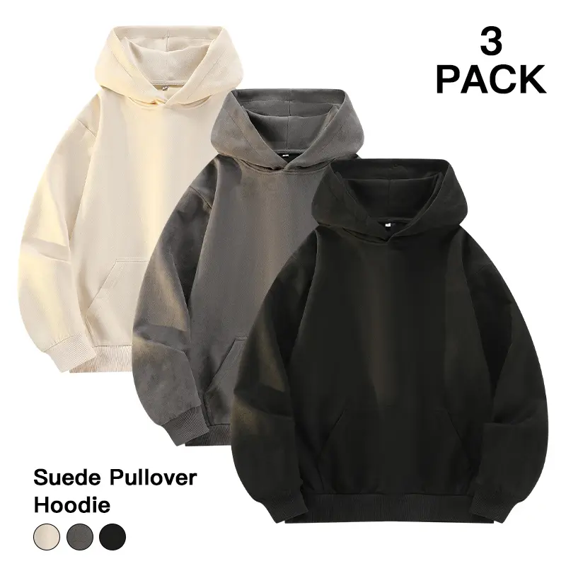 Trendy Suede Pullover Hoodies 3 Pack Men Long Sleeve Kangaroo Pocket Hood Sweatshirt Loose Fit Streetwear Casual Meetup Outdoor Walking Fall Tops
