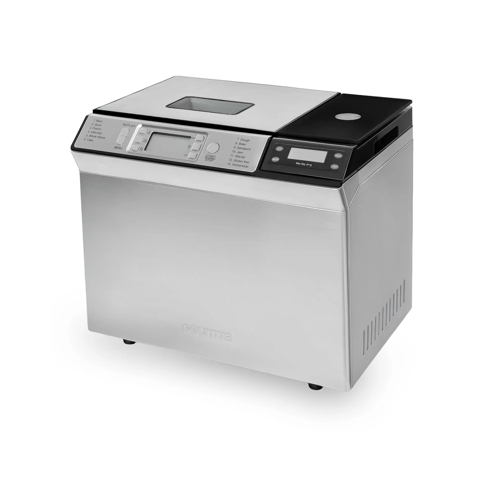 Gourmia Digital Bread Maker Machine, 2-Lb Capacity, 13-in-1 Functionality with 13 Presets (Gluten-Free, Cake, Jam Modes), Auto Fruit & Nut Dispenser, Adjustable Crust Options, 1-Hour Keep Warm for Home Use