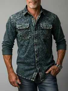 Men’s long-sleeve denim shirt — new trendy casual design, versatile, premium feel, two pockets, tie-dye pattern, color-coordinated denim shirt