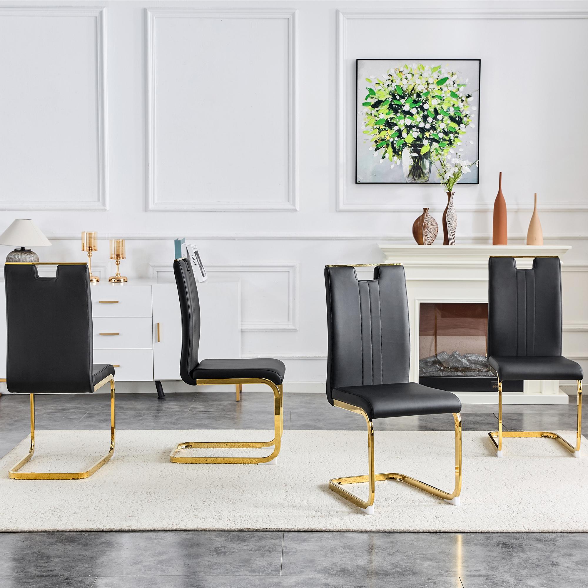 Modern Cantilever Dining Chairs Set of 2/4, Black Gold PU Leather Upholstered Side Chairs with Gold Metal Frame for Kitchen Living Room