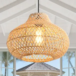 19" Winston Boho Handwoven Rattan Pendant Light, Adjustable Farmhouse Ceiling Hanging Lamp for Kitchen Island Dining Living Room