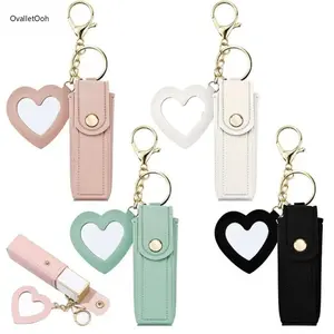 4-Pack PU Leather Chapstick Holder Keychain with Mirror, Portable Lipstick Lip Balm Organizer Pouch for Women & Girls, Cute Daily Travel Accessory