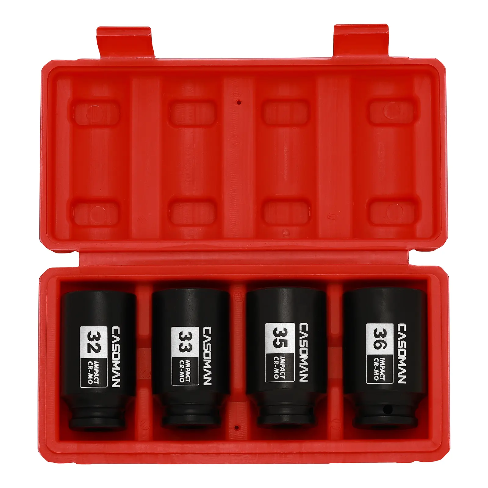 CASOMAN 1/2-Inch Drive Deep Spindle Axle Nut Impact Socket Kit with Tool Box, 6-Point CR-MO 4PC Metric (32/33/35/36mm) Heavy-Duty Hand Tool for Car Hub/Axle Nut Repair, High-Contrast Size Marking