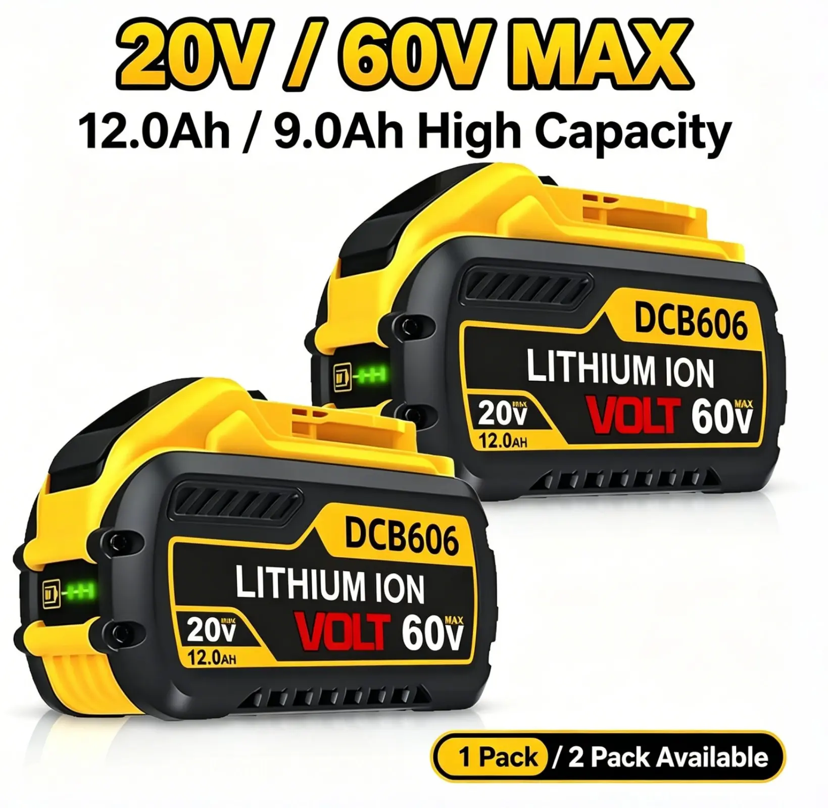 2/1 Pack 12.0Ah 9.0Ah 20V/60V MAX Replace for DeWalt DCB606 DCB609 DCB612 Battery Compatible with DeWalt 20V/60V Batteries, Chargers and Power Tools