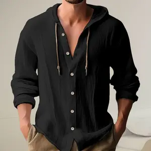 Men's casual hooded long-sleeved shirt, adjustable drawstring hood, non-elastic fabric, regular fit, suitable for spring and autumn outdoor hiking, camping, daily wear and party occasions, as well as gift for festivals