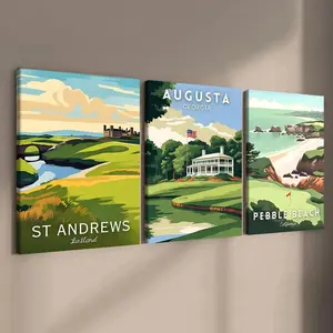 2D flat Wall decor framedGolf Course Pattern Wooden Framed Canvas Painting, 3 Counts/set Modern Art Design Fashion Decoration, Wall Art for Home Living Room Bedroom Office