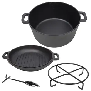 3-in-1 Pre-Seasoned Cast Iron Dutch Oven & Skillet | 5QT Camping Pot with Ribbed Bottom | Includes Pot Rack & Lid Lifter, 5 Quart Size, Cooking Multiuse