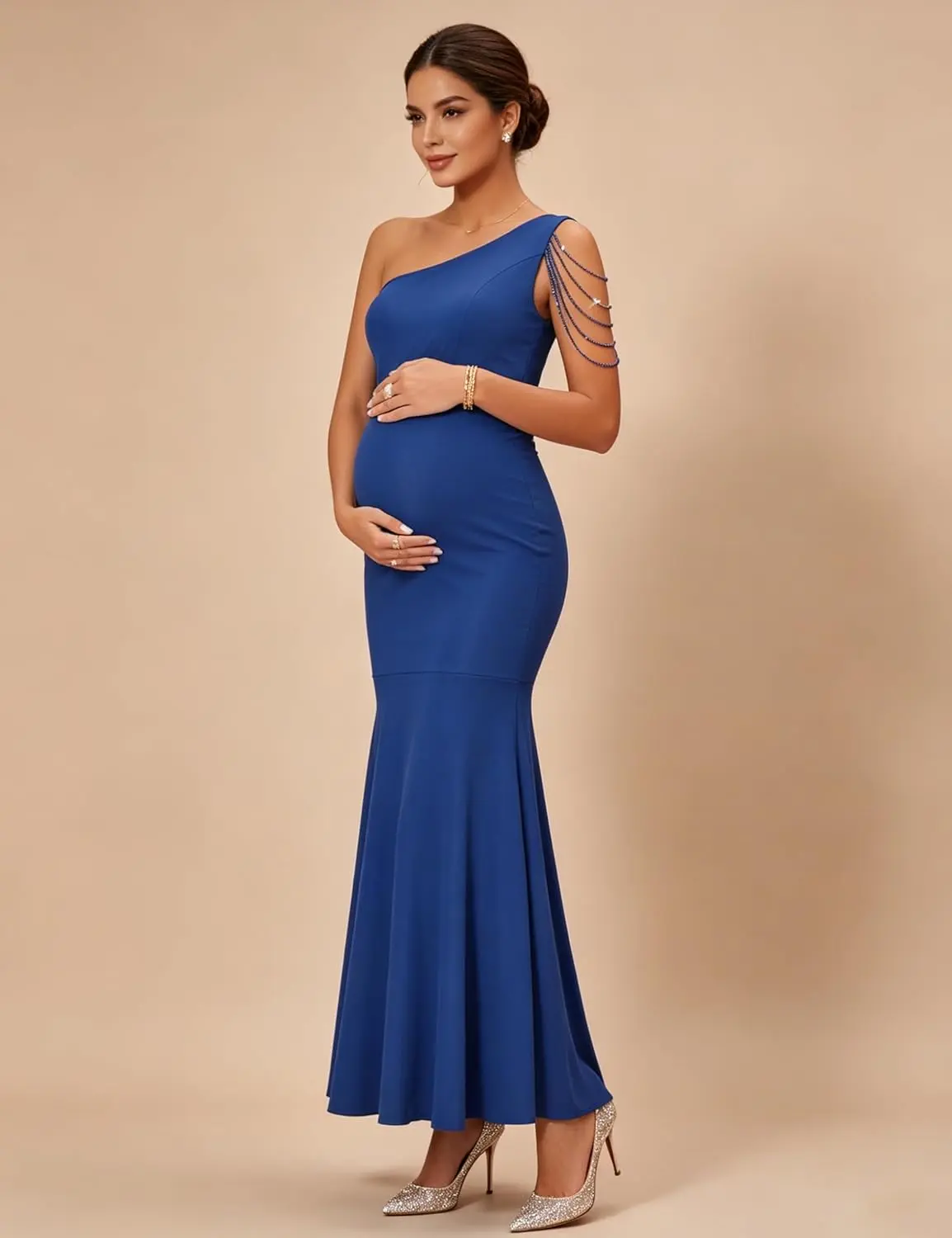 Maternity Maxi Dress One Shoulder Chain Strap Mermaid Formal Gown | Stretchy one shoulder maternity gown, layered chain tassel strap, slim mermaid hem for party, wedding & maternity shoots