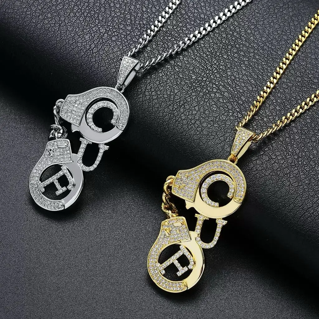 5291 Iced Out CUF Handcuff Pendant Necklace, Bling Cubic Zirconia Letter Handcuff Hip Hop Jewelry For Men