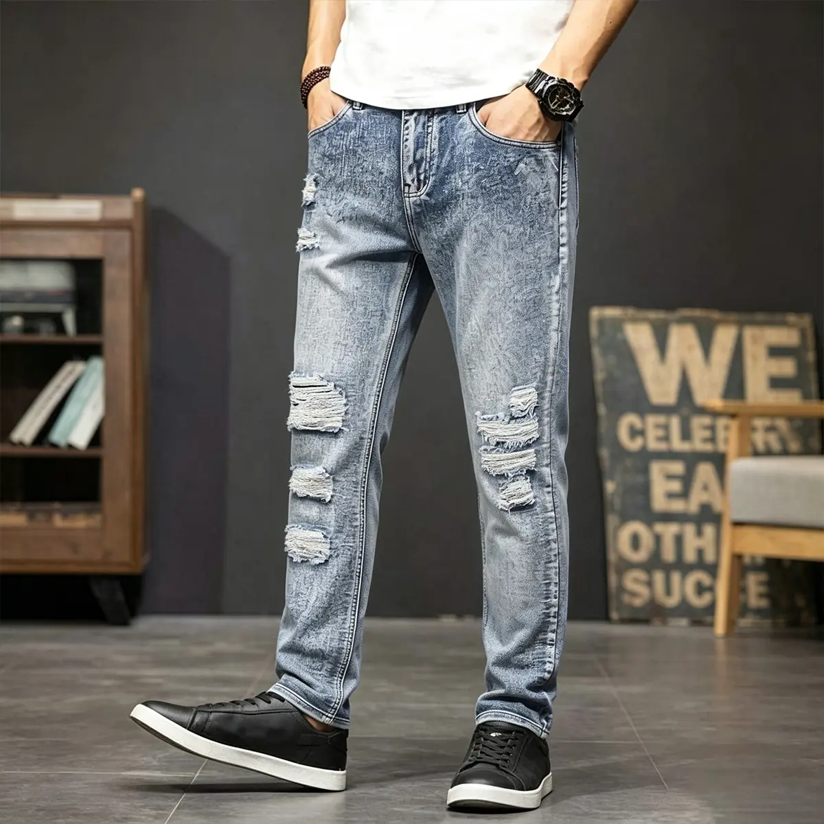 American Retro Men'S Jeans, Mid-Waisted Stretch Slim Straight Leg, High Street Washed Distressed Distressed Hole Patch Design, Natural Whitening Effect, Essential Men'S Denim Long Pants for Fashionable Outfits