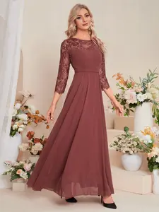 Elegant Women's Round Neck Lace Patchwork Solid Color Chiffon Fitted Waist Cinching A-Line Long Bridesmaid Dress, Formal Party Gown Formal Wear Womenswear