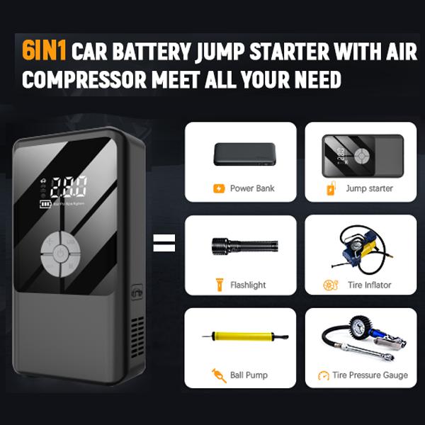 7200A 6-in-1 Multi-Function Emergency Jump Starter with Air Compressor 150PSL Portable Car Battery Starter Digital Tire Inflator for 2.64 Gallon Gasoline or 2.38 Gallon Battery Vehicles