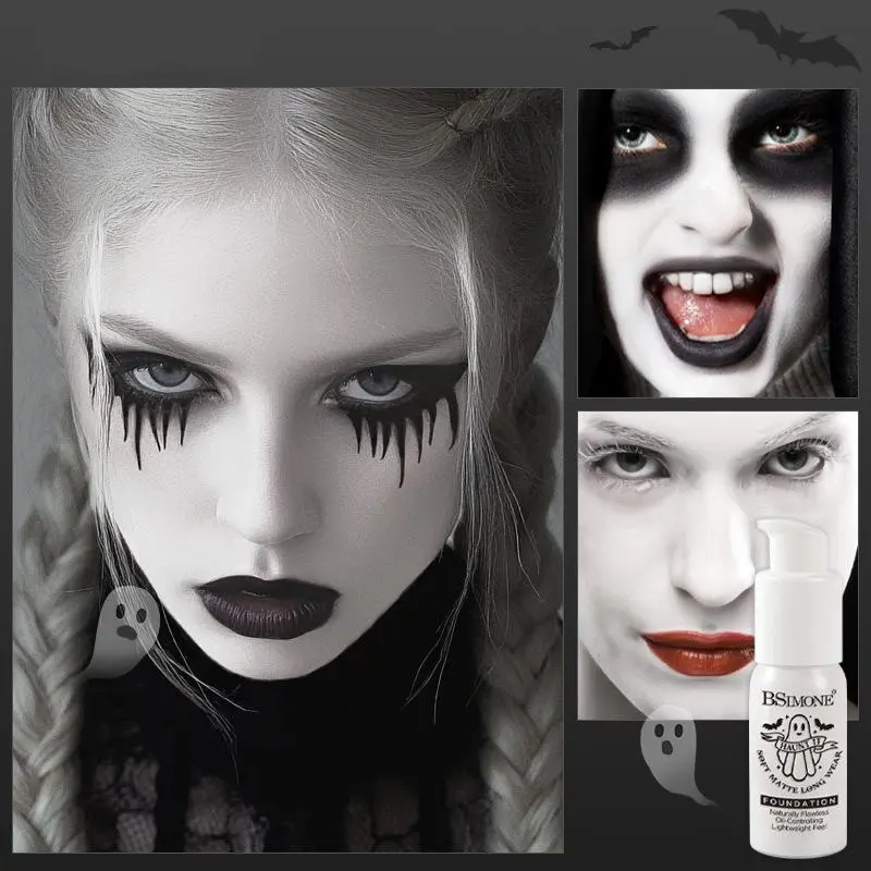 Matte White Liquid Foundation Makeup Buildable Coverage Primer & Concealer Stick Waterproof & Long-Lasting for Halloween Cosplay