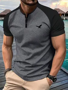 Summer new men's short-sleeved t-shirt insert sleeve Henley shirt bird print pattern casual sports regular large size travel holiday outdoor camping half-sleeved clothes