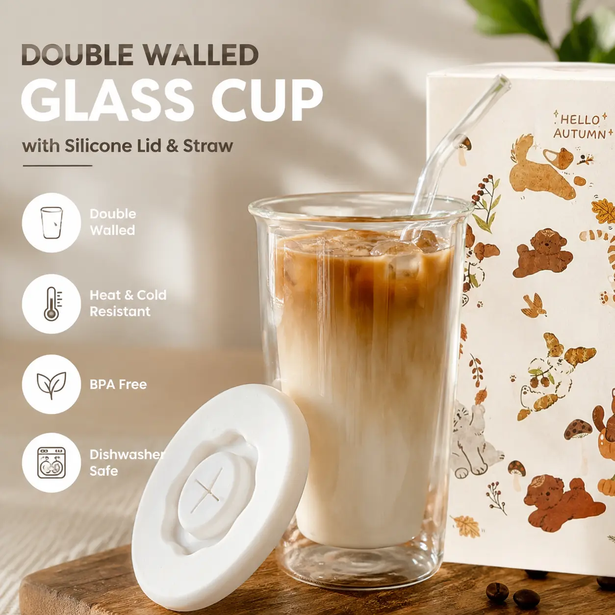 Double Wall Glass Iced Coffee Cup with Lid and Straw – Aesthetic Reusable Glass Tumbler for Coffee, Iced Drinks & Smoothies
