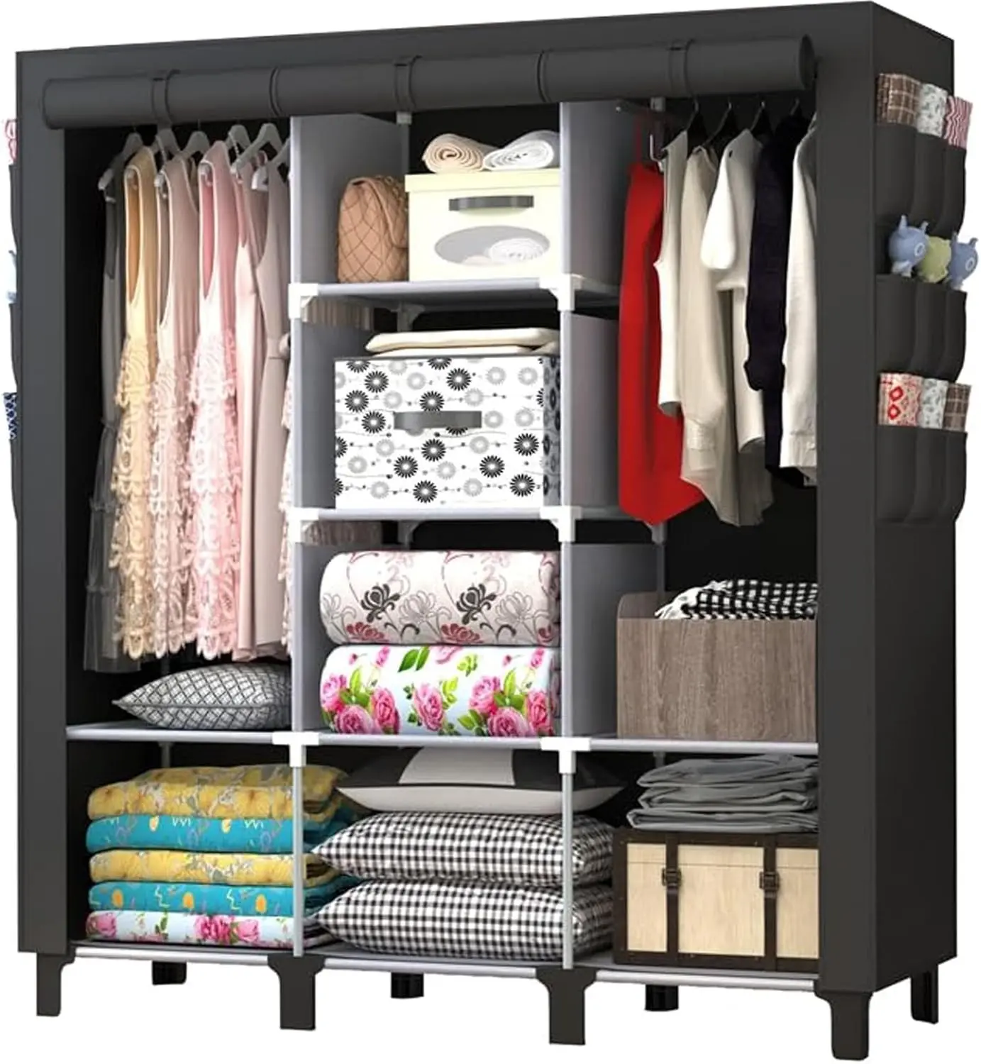 Portable Wardrobe with 10 Storage Racks and 2 Hanging Poles, 18 Side Pockets Non-Woven Cover, Size 130 x 45 x 172 cm, Bedroom Closet Organizer，Black