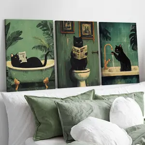 3 Counts Wood Framed Canvas Bathroom Cat Wall Art, Ready To Hang, Cat Funny Bathroom Wall Decor, Waterproof Canvas Wall Art, Animal Artwork Wall Painting For Gift, Wall Picture for Bathroom, Toilet, Living Room, Bedroom