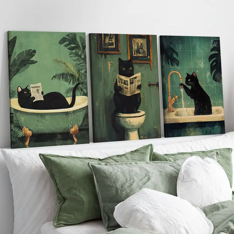 3 Counts Wood Framed Canvas Bathroom Cat Wall Art Print, Ready To Hang, Cat Funny Bathroom Wall Decor, Waterproof Canvas Wall Art, Animal Wall Painting For Gift, Wall Picture for Bathroom, Toilet, Living Room, Bedroom, Wall Art Decoration