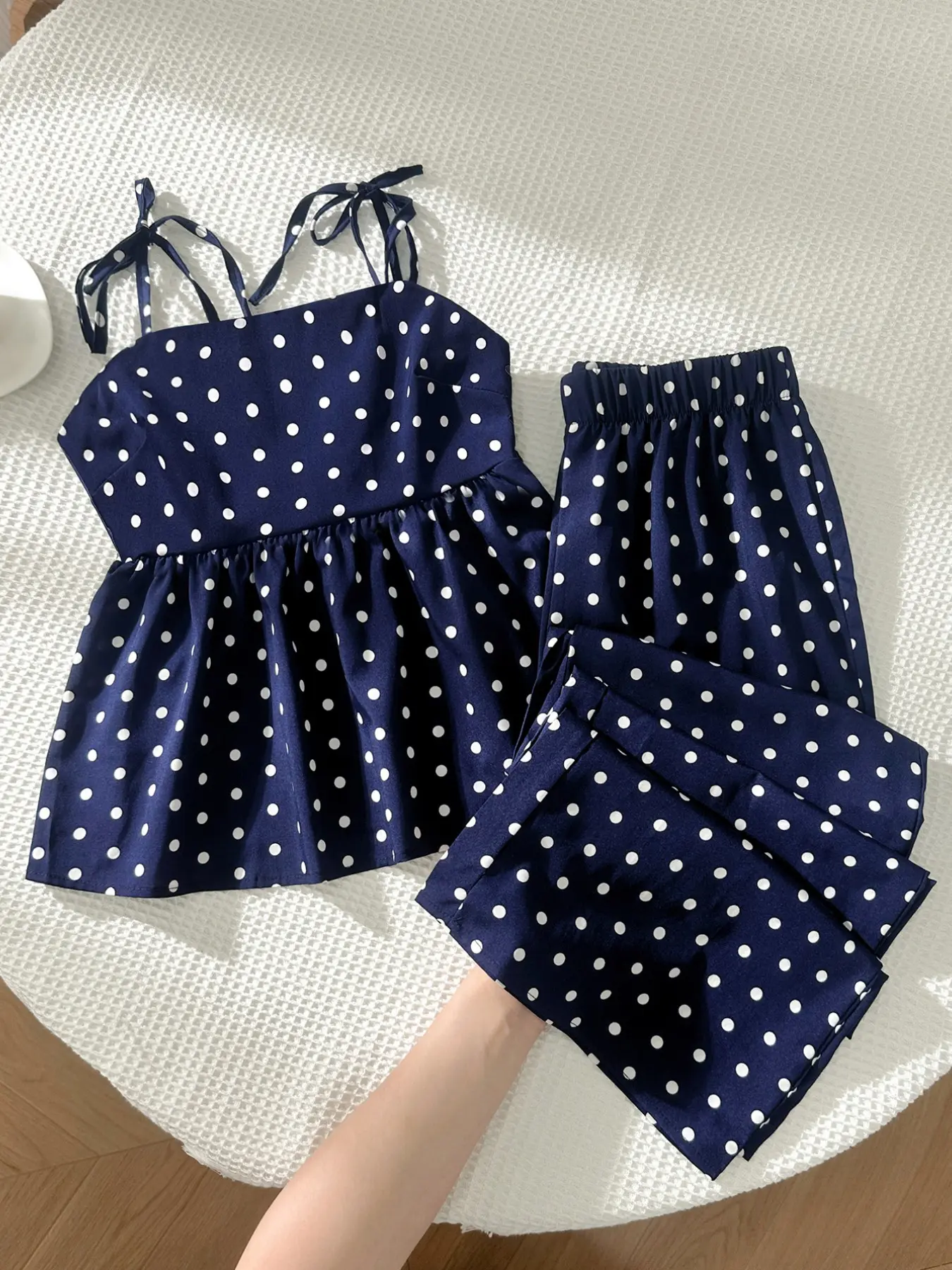 Women's Polka Dot Woven Pants Set, Womenswear, Tie Strap, Spaghetti Strap Adjustable Smocked Back Ruffle Hem Camisole, Elastic Waist Wide Leg Long Pants, Daily Casual Vacation Beach Brunch Wear, Breathable Lightweight Wrinkle-Resistant, Retro Casual Style