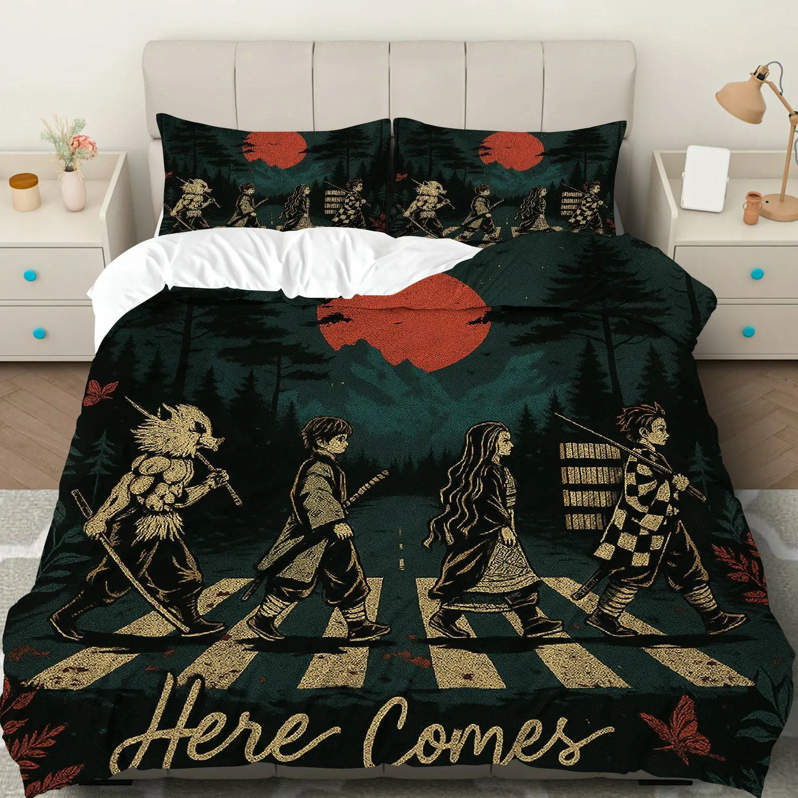 3PCS Duvet Cover Set, 1 Duvet+2 Pillowcases(Without filler), Retro Forest Crossing Anime Red Moon theme, Halloween Decorative Bedding Set, Cozy Stylish Bed Sets Supplies Suitable for decoration Bedroom Dorm Room Gift Guest Room.