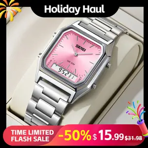 SKMEI dual movement square watch with luminous display screen, electronic movement stainless steel strap 3ATM waterproof fashion watch with calendar, stopwatch timing, alarm clock function Casual Trendy Wristwatch