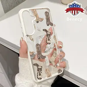MagSafe Case Compatible with Galaxy S23 Ultra S24 Plus S25 S22+ FE Vintage Western Boots Pattern Clear Acrylic Back Waterproof Lightweight Mobile Phone Cover for Girl