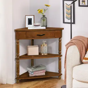 33.8'' Small Triangle Corner Table, Wood Corner Side Table for Small Spaces/ Living Room, 3 Tier End Corner Table with Solid Wood Legs