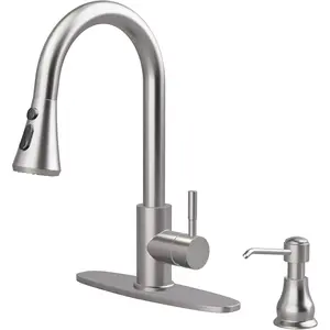 Kitchen Faucet with Soap Dispenser, 3 Modes Kitchen Faucet with Pull Down Sprayer, Stainless Steel Sink Faucet for Farmhouse, Bar, and RV, with Deck Plate and 1/2'' Adapters