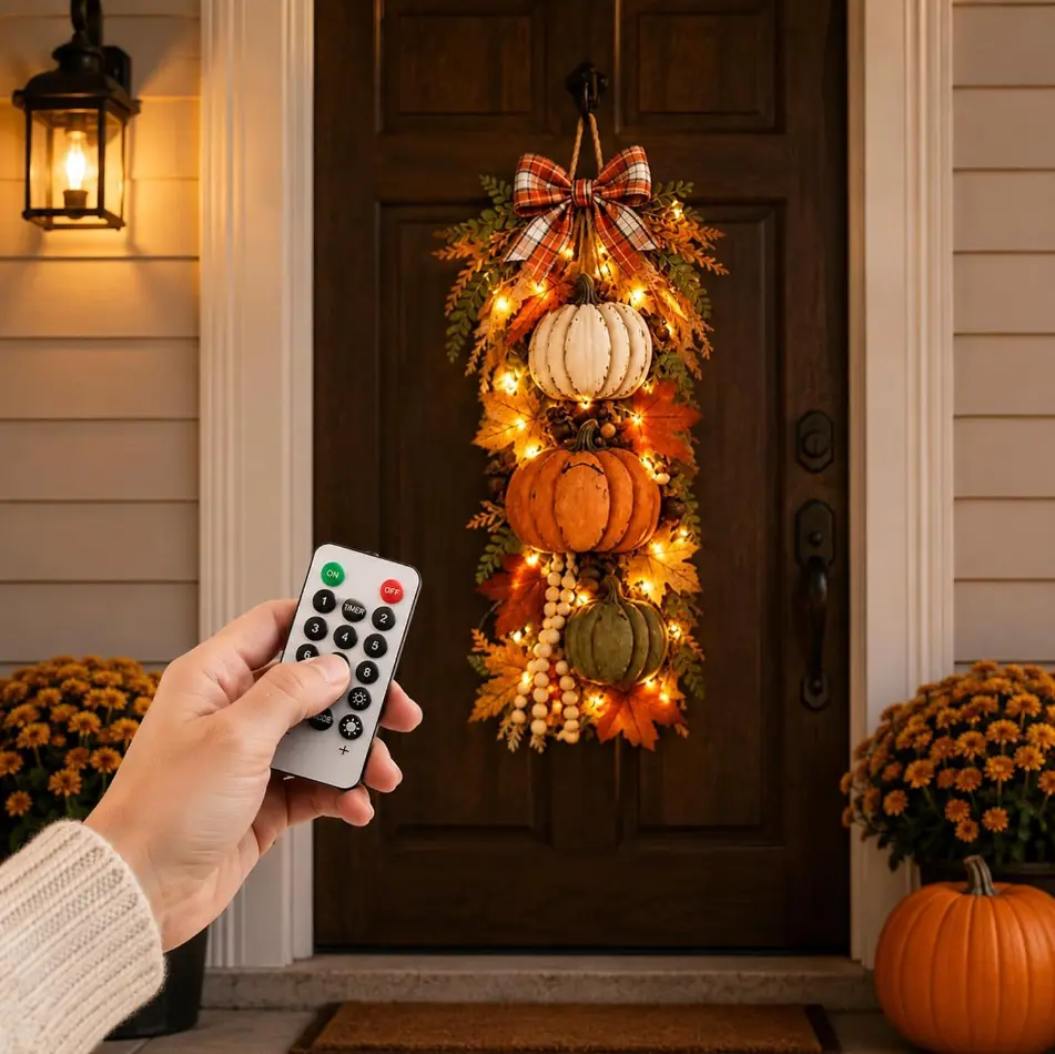 Lighted Fall Door Swag with Remote Control, Autumn Harvest Teardrop Swag Decor with 3 Pumpkins, Maple Leaves, Plaid Bow, and LED Lights for Front Door Porch Home