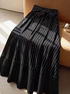 Elegant Striped A-Line Skirt for Women, Loose Fit Waist Tie Design, Spring Summer, Fashionable Half-Length Dress, Womenswear, Elegant Casual Skirt