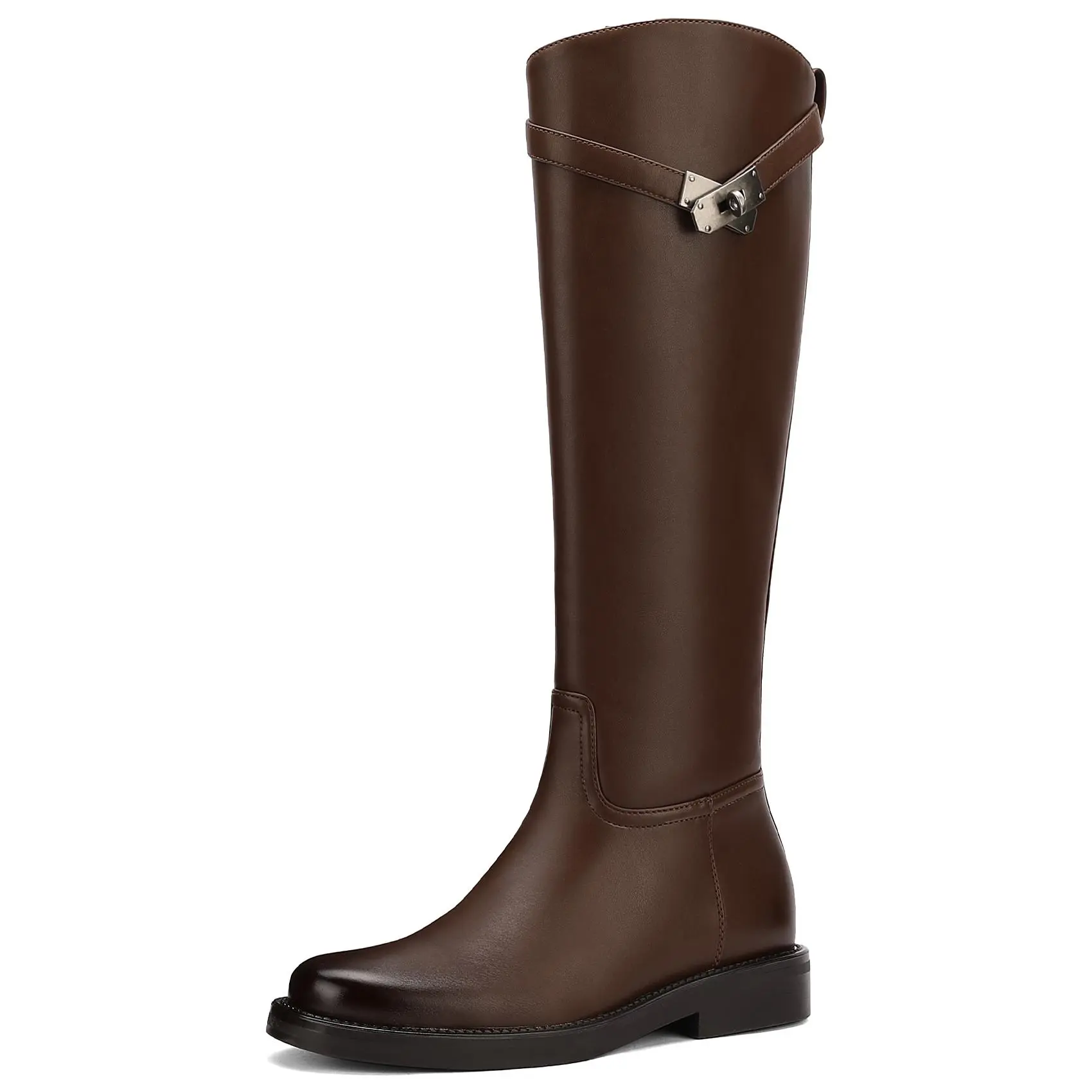 ReneChristine Knee High Boots for Women Round Toe Pull On Wide Calf Riding Fashion Designer Metallic Buckles 1.18" Heel Flats Casual Vintage Shoes
