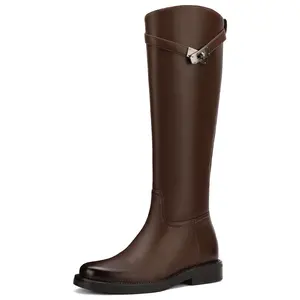 ReneChristine Knee High Boots for Women Round Toe Pull On Wide Calf Riding Fashion Designer Metallic Buckles 1.18" Heel Flats Casual Vintage Shoes