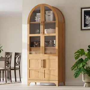 71" Tall Arched Kitchen Pantry Cabinet with Door Shelves, Farmhouse Kitchen Storage Cabinet with Open & Adjustable Shelves, Hidden Drawer & Glass Door, Cupboard for Kitchen, Dining Room, Natural