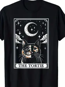 Casual Black T-Shirt for Men Featuring a Crescent Moon And Tortoiseshell Cat Design - Made Of, Short-Sleeved, Round Neck - Ideal for Everyday Wear