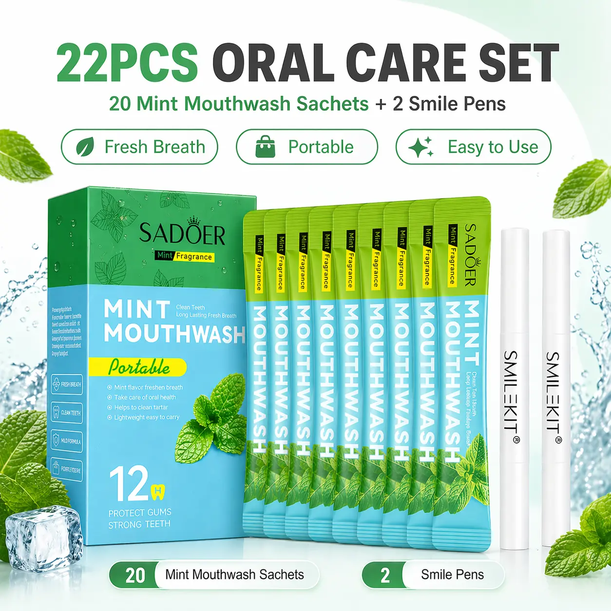 22-Piece Portable Oral Care Set with 20 Mint Mouthwash Sachets and 2 Smile Pens, Fresh Breath Travel Kit for Home, Office and On-the-Go Use