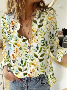 Women's Casual Urban Elegant Chic Style Loose Flowy Long Sleeve Shirt, Fresh Farmhouse Floral Print Blouse, Fall & Winter Woven Fabric Top