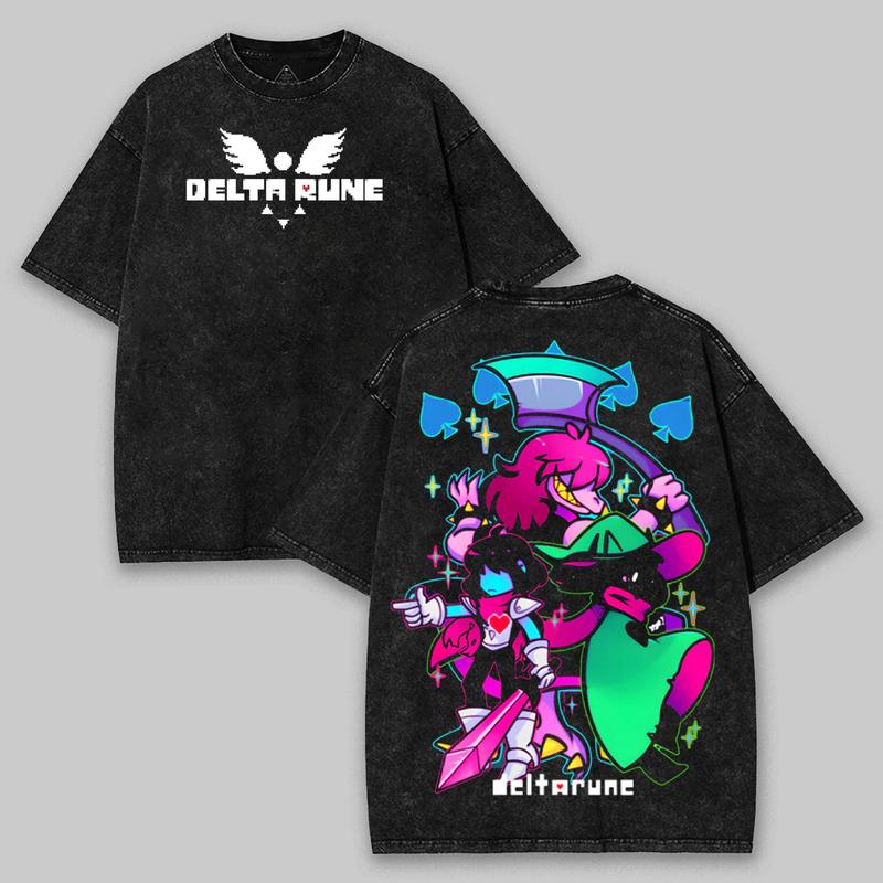 DELTARUNE 'The Trio' Kris, Susie, and Ralsei Unisex Acid Washed Lightweight Cotton T-Shirt, Unisex Video Game Tee, Graphic Tee,mens clothing Menswear Top
