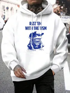 Men's Loose Fit Frog & Letter Print Drawstring Hoodie, Casual Comfy Pocket Pullover Hooded Sweatshirt for Daily Wear, Men's Clothes for Fall & Winter