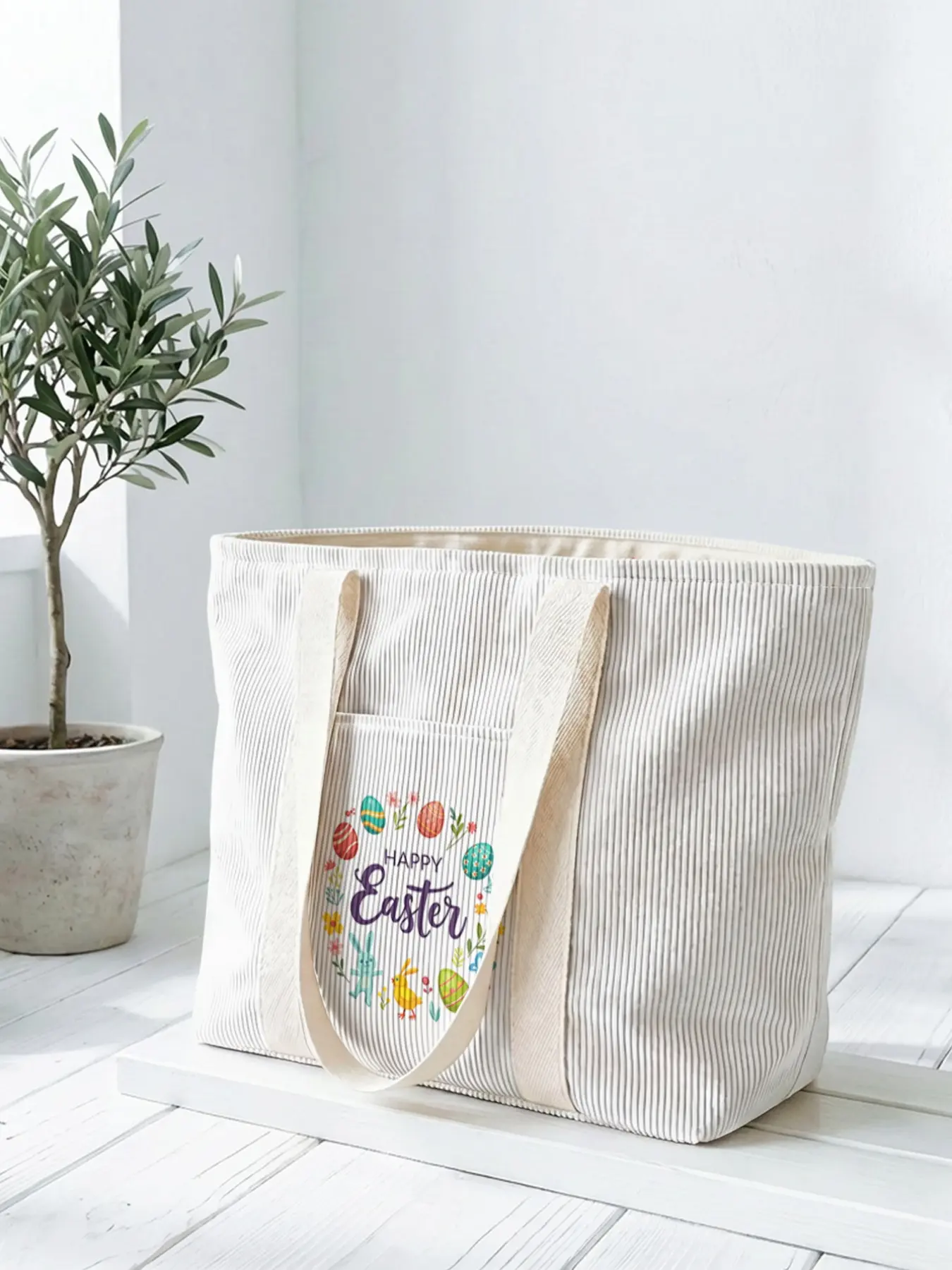 1 Easter elements 'HappyEaster' 2D print tote bag, large capacity space|Commuting/shopping/working all-purpose|Carry the gentleness and faith of Easter in your hands, Easter