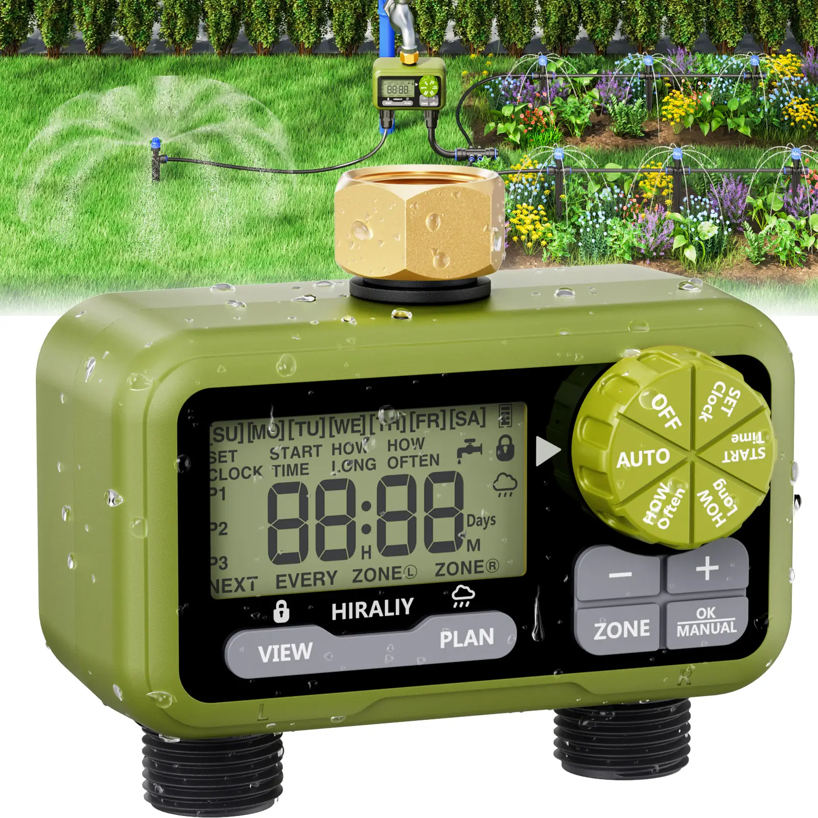 HIRALIY Sprinkler Timer, Water Timer for Garden Hose 2 Zone, Programmable for Watering, Automatic Irrigation System for Yard Lawn, Brass Swivel, IP65