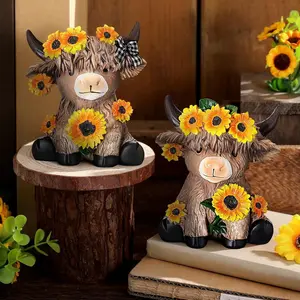 Highland Cow Decoration, Cute Cow Design 1 Count Sunflower Design Resin Ornament, Cow Ornaments, Desktop Decoration for Home Office, Decorative Home Ornament, Gift for Scottish Calf Lovers, Resin Animal Sculptures