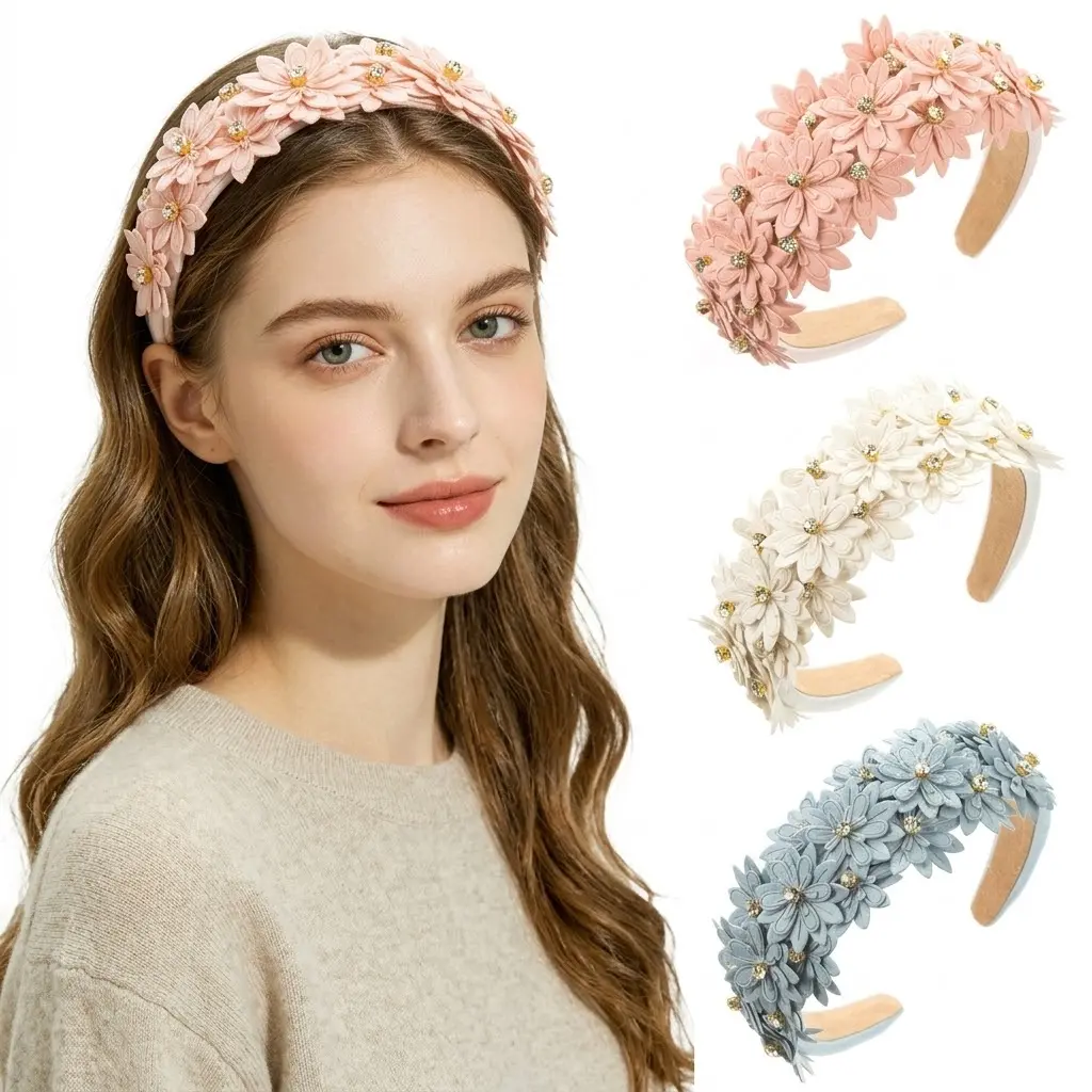 3-Piece Women's Boho Floral Crown Headbands with Crystals, 3D Layered Flowers, Wide Non-Slip Hair Accessories for Beach or Engagement Photos, Female, Anniversary, Daily, Birthday