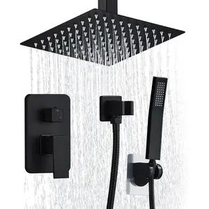 10 Inch Shower Faucet Set Ceiling Mount, High  Rainfall Shower System, Square Rain Shower Spray Combo Luxury Shower Fixtures Matte Black