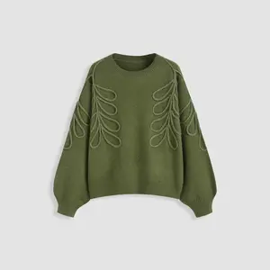 Cider [4 colors, size 0-26] Knit Round Neckline Leaf Braid Oversized Sweater