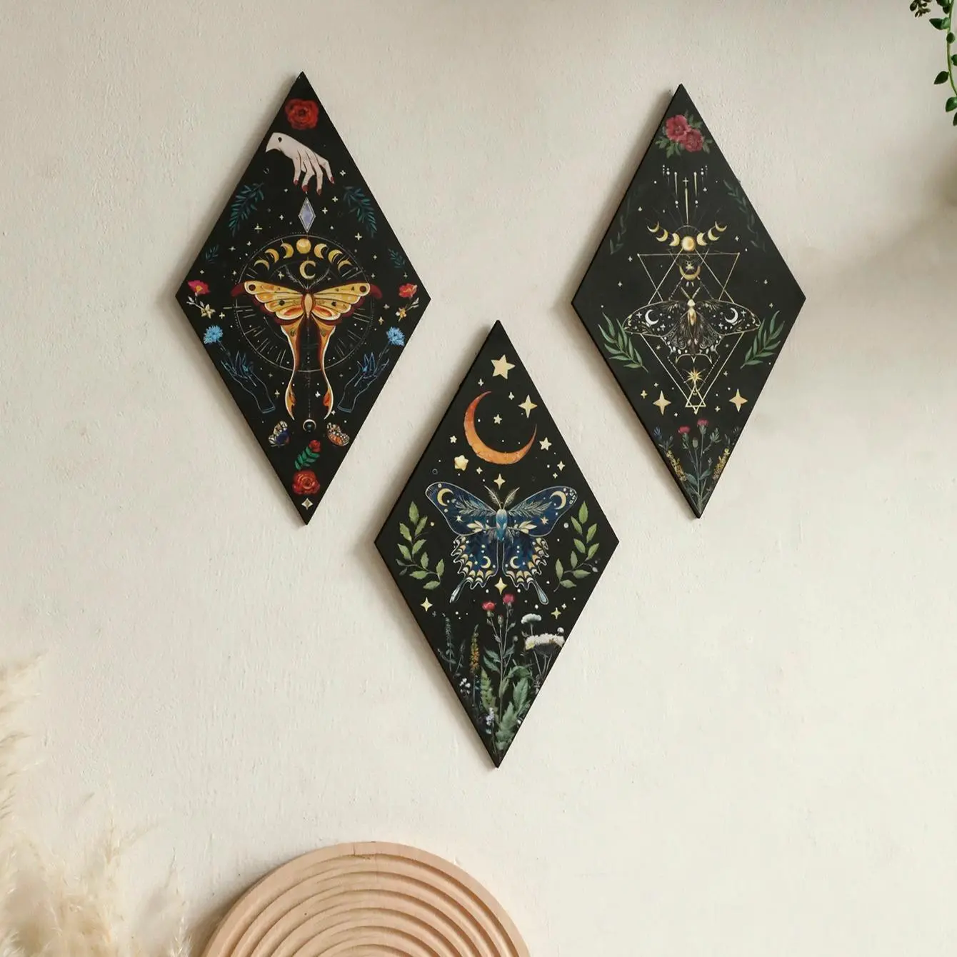 Wooden Wall Art, 3 Counts/set Colorful Stars Floral Boho Print Decorative Boho Style Wall Decor, Decoration Items, Aesthetic Wall Art for Home Living Room Bedroom Gallery